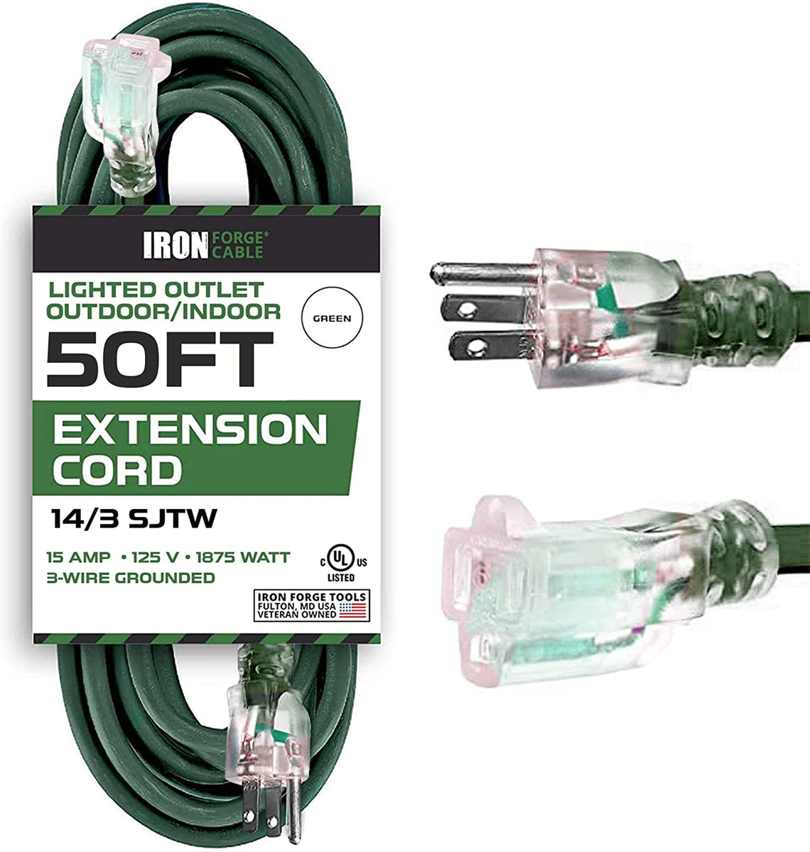 thumbnail image 2 of 50ft Lighted Outdoor Extension Cord – 10/3 SJTW Orange 10 Gauge, Iron Forge Tools 2 of 5