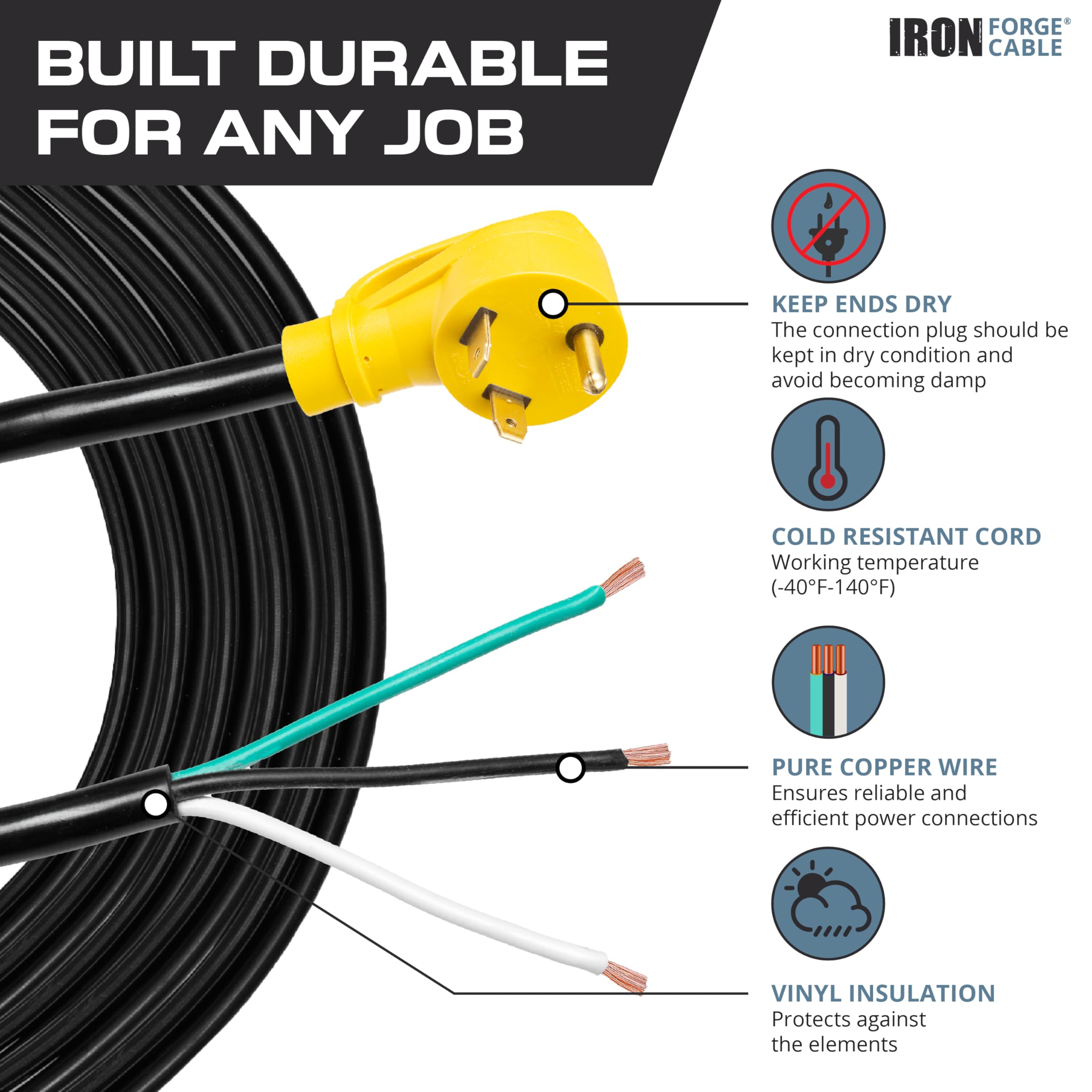 30 Ap RV Replaceent Power Cord 10 Ft With Pigtail Open End 0.6 Ft, 10 Gauge NEA TT-30P To Roj