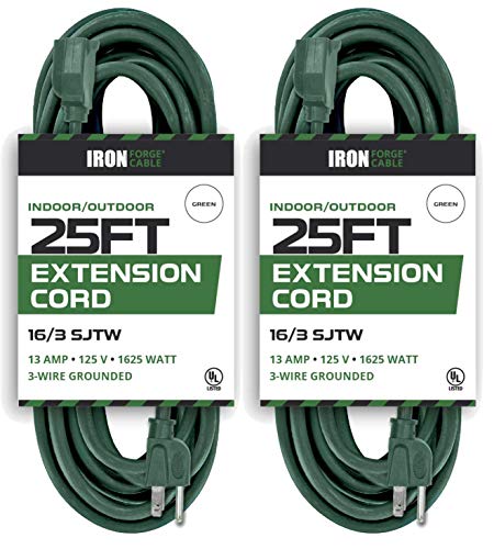 Pack of 25 Foot Outdoor Extension Cords 16/3 SJTW Durable Green Extension Cord with Prong Grounded Plug for Safety Great for Garden and Major